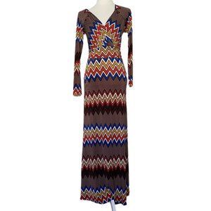Arancia Women's Jersey Multicolor V Neck Long Sleeve Maxi Lounge Dres XS